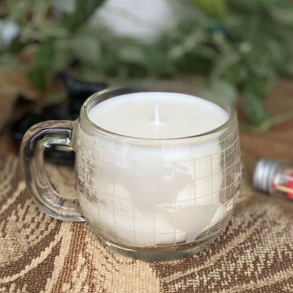 Vintage Nestle Nescafé Etched World Globe Cup Hand Poured Soy Candle - Picture 2 of 6